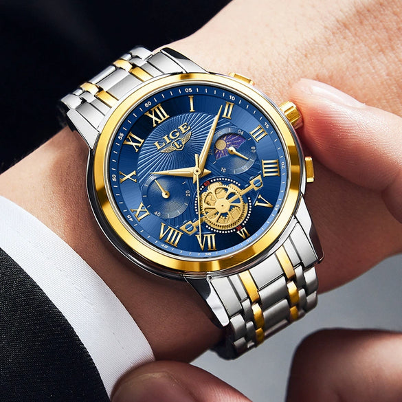 Men's Business Quartz Watch Zinc Alloy Case Stainless Steel Strap Round Dial Multifunctional Waterproof