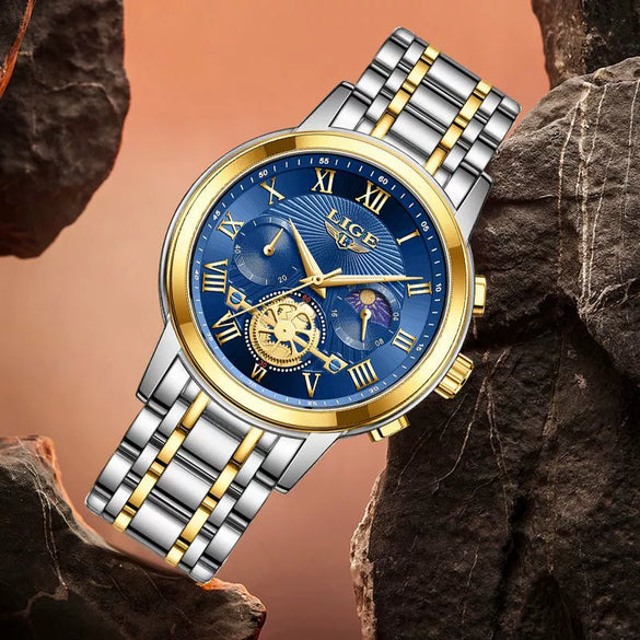 Men's Business Quartz Watch Zinc Alloy Case Stainless Steel Strap Round Dial Multifunctional Waterproof