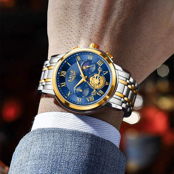 Men's Business Quartz Watch Zinc Alloy Case Stainless Steel Strap Round Dial Multifunctional Waterproof
