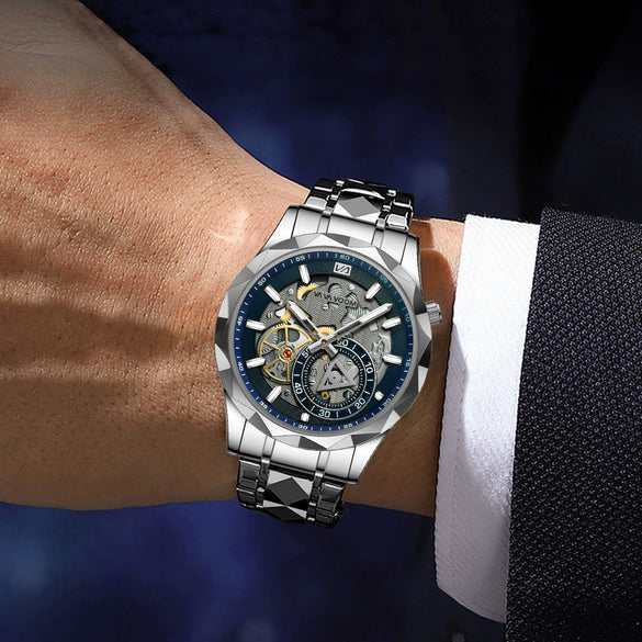 Men's Business Simple Stainless Steel Band Quartz Waterproof Round Dial Watch