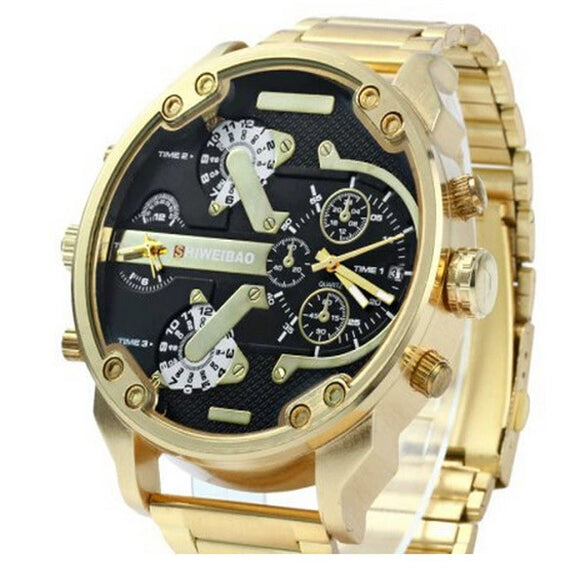 Men's Business Stainless Steel Band Round Dial Quartz Watch With Double Time Zone And Double Calendar