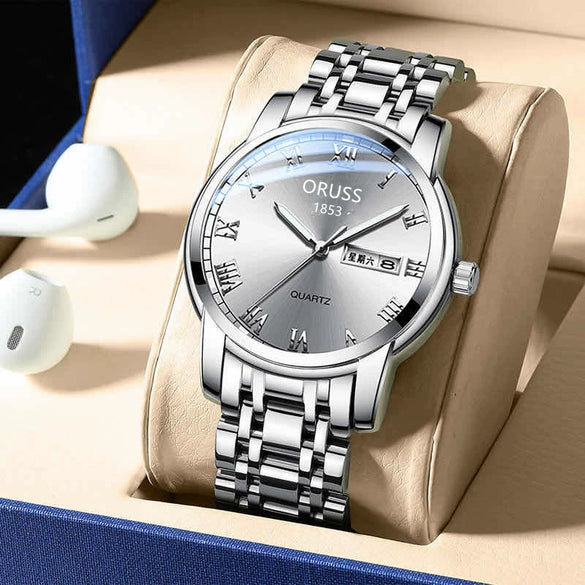 Men's Business Style Alloy And Stainless Steel Round Dial Wrist Watch With Automatic Movement And Luminous Feature