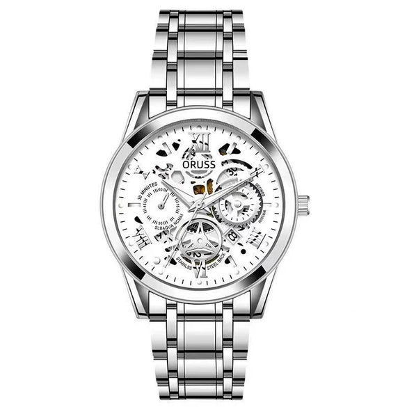 Men's Business Style Alloy Case And Strap Round Dial Waterproof Luminous Hollowout Diamond Set Watch