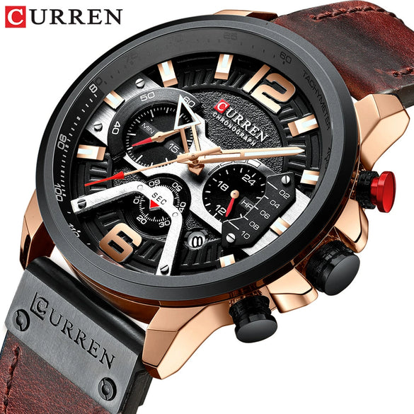 Men's Business Style Alloy Case Genuine Leather Strap Round Dial Watch