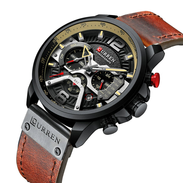 Men's Business Style Alloy Case Genuine Leather Strap Round Dial Watch