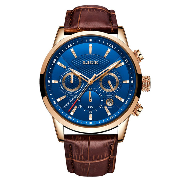 Men's Business Style Alloy Case Leather Belt Round Dial Sixpin Chronograph Calendar Watch
