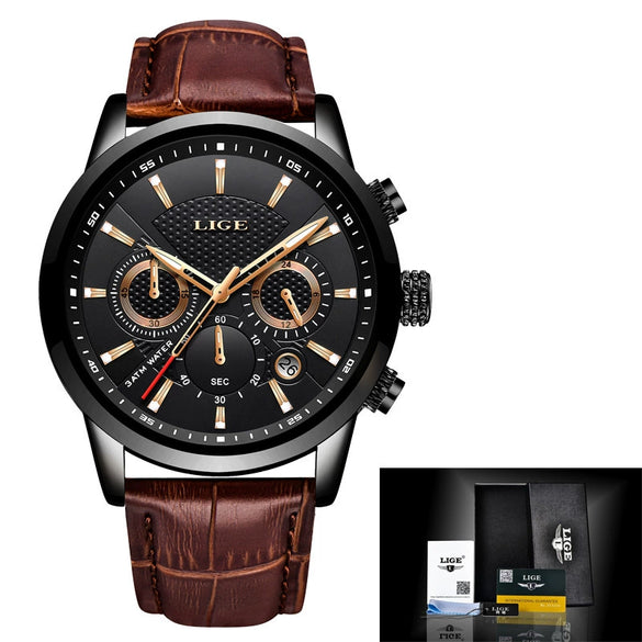 Men's Business Style Alloy Case Leather Belt Round Dial Sixpin Chronograph Calendar Watch