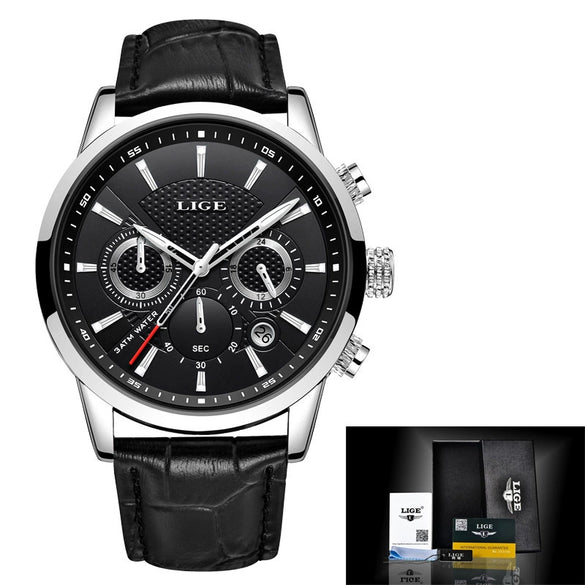 Men's Business Style Alloy Case Leather Belt Round Dial Sixpin Chronograph Calendar Watch