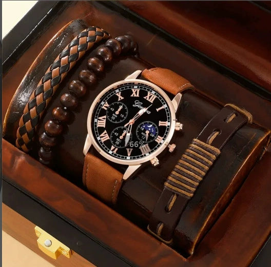 Men's Business Style Alloy Case Mineral Reinforced Glass Mirror Stainless Steel Buckle Imitation Leather Strap Round Dial Quartz Watch