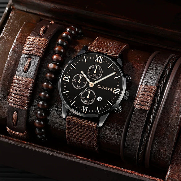 Men's Business Style Alloy Case Mineral Reinforced Glass Mirror Stainless Steel Buckle Imitation Leather Strap Round Dial Quartz Watch