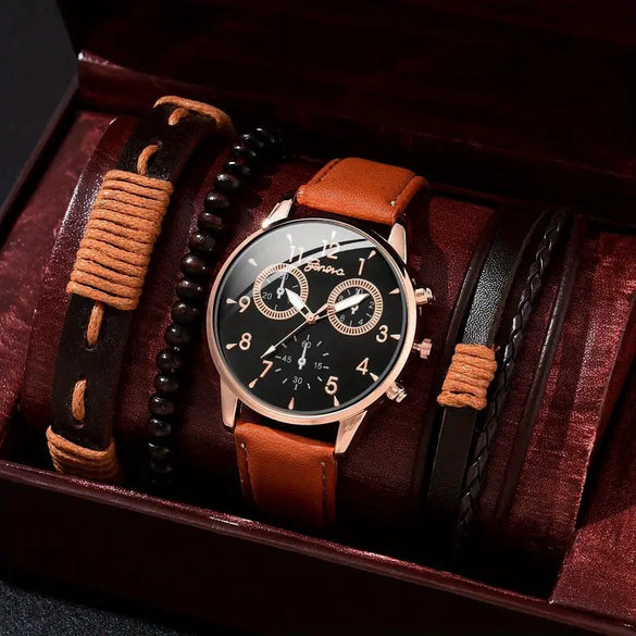 Men's Business Style Alloy Case Mineral Reinforced Glass Mirror Stainless Steel Buckle Imitation Leather Strap Round Dial Quartz Watch