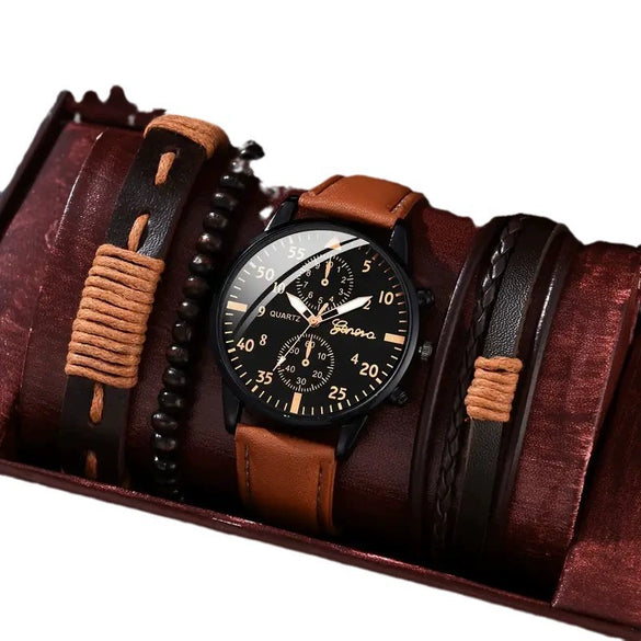 Men's Business Style Alloy Case Mineral Reinforced Glass Mirror Stainless Steel Buckle Imitation Leather Strap Round Dial Quartz Watch