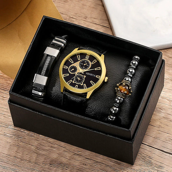 Men's Business Style Alloy Case Mineral Reinforced Glass Mirror Stainless Steel Buckle Imitation Leather Strap Round Dial Quartz Watch