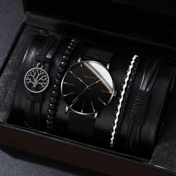 Men's Business Style Alloy Case Mineral Reinforced Glass Mirror Stainless Steel Buckle Imitation Leather Strap Round Dial Quartz Watch
