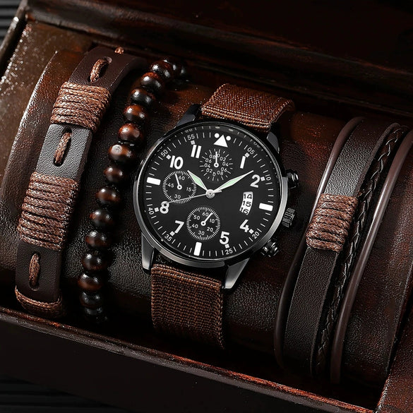 Men's Business Style Alloy Case Mineral Reinforced Glass Mirror Stainless Steel Buckle Imitation Leather Strap Round Dial Quartz Watch