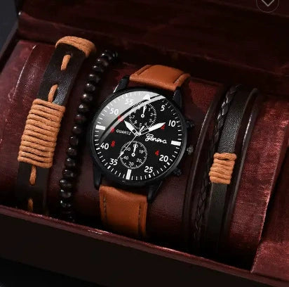 Men's Business Style Alloy Case Mineral Reinforced Glass Mirror Stainless Steel Buckle Imitation Leather Strap Round Dial Quartz Watch