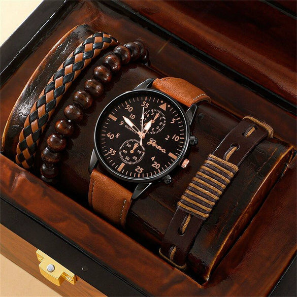Men's Business Style Alloy Case Mineral Reinforced Glass Mirror Stainless Steel Buckle Imitation Leather Strap Round Dial Quartz Watch