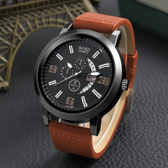 Men's Business Style Alloy Case Quartz Watch With Imitation Leather Strap And Round Dial