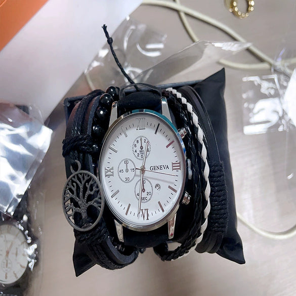 Men's Business Style Alloy Case Quartz Watch With Imitation Leather Strap And Round Dial