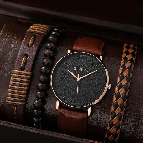 Men's Business Style Alloy Case Quartz Watch With Imitation Leather Strap And Stainless Steel Clasp Round Dial