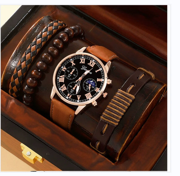Men's Business Style Alloy Case Quartz Watch With Imitation Leather Strap And Stainless Steel Clasp Round Dial