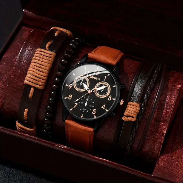 Men's Business Style Alloy Case Quartz Watch With Imitation Leather Strap And Stainless Steel Clasp Round Dial