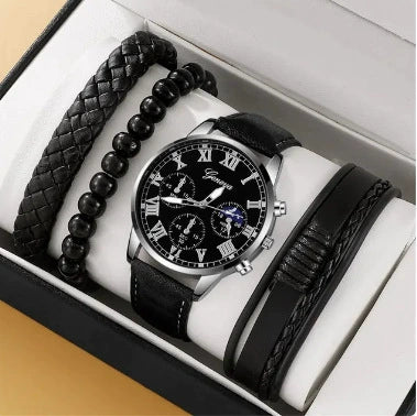 Men's Business Style Alloy Case Quartz Watch With Imitation Leather Strap And Stainless Steel Clasp Round Dial