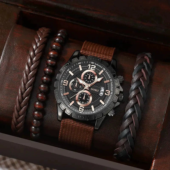 Men's Business Style Alloy Case Quartz Watch With Imitation Leather Strap And Stainless Steel Clasp Round Dial