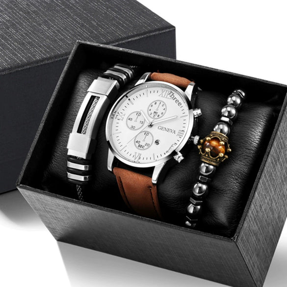 Men's Business Style Alloy Case Quartz Watch With Imitation Leather Strap And Stainless Steel Clasp Round Dial