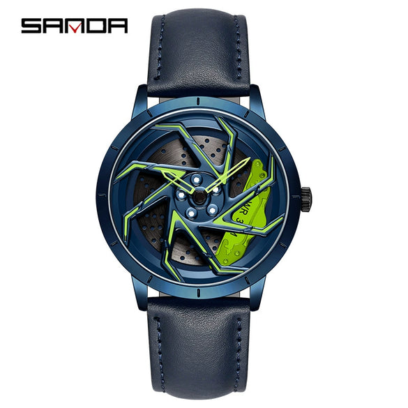 Men's Business Style Alloy Case Steel Band Round Dial Threedimensional Wheel Rotating Waterproof Quartz Watch
