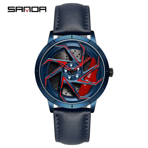 Men's Business Style Alloy Case Steel Band Round Dial Threedimensional Wheel Rotating Waterproof Quartz Watch