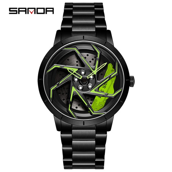 Men's Business Style Alloy Case Steel Band Round Dial Threedimensional Wheel Rotating Waterproof Quartz Watch