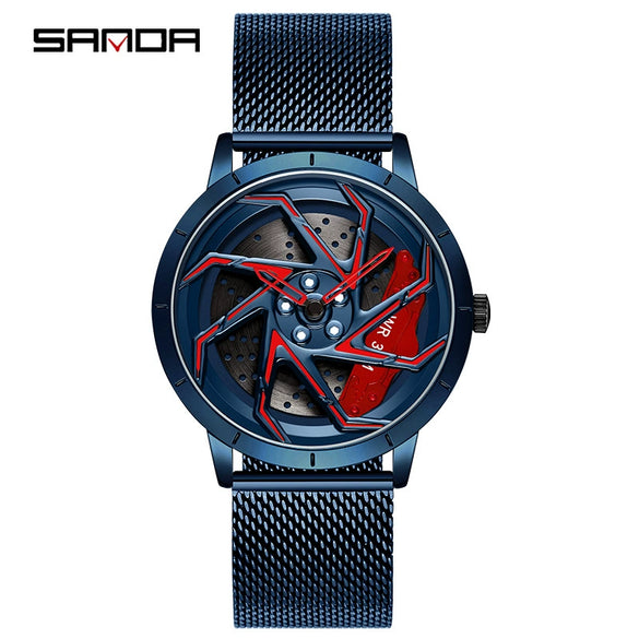 Men's Business Style Alloy Case Steel Band Round Dial Threedimensional Wheel Rotating Waterproof Quartz Watch