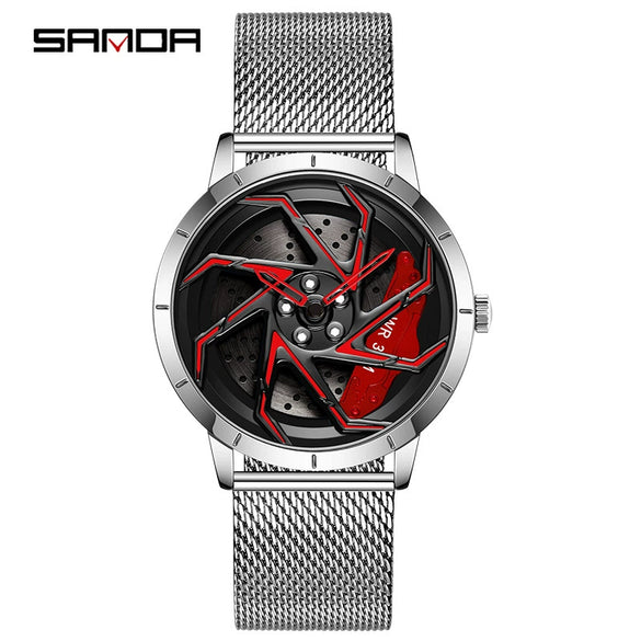 Men's Business Style Alloy Case Steel Band Round Dial Threedimensional Wheel Rotating Waterproof Quartz Watch