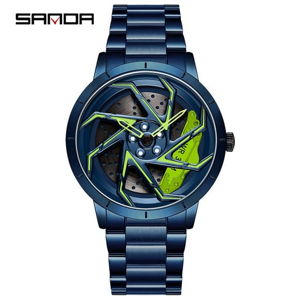 Men's Business Style Alloy Case Steel Band Round Dial Threedimensional Wheel Rotating Waterproof Quartz Watch