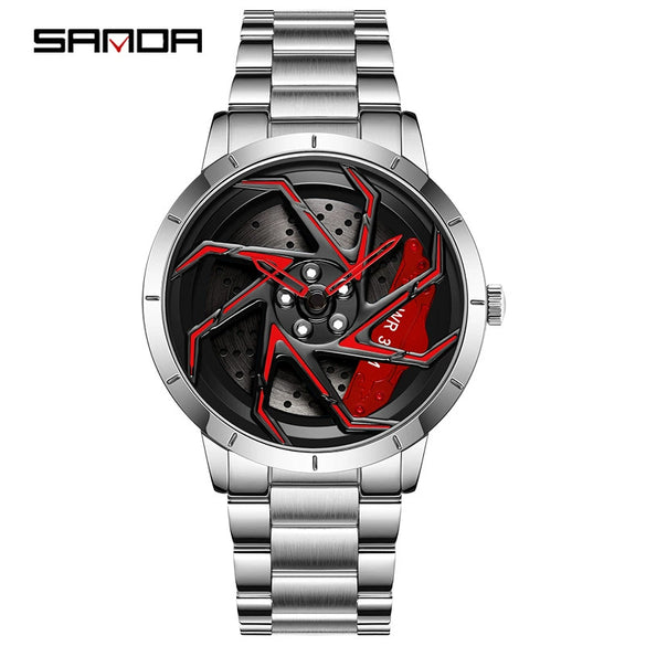 Men's Business Style Alloy Case Steel Band Round Dial Threedimensional Wheel Rotating Waterproof Quartz Watch