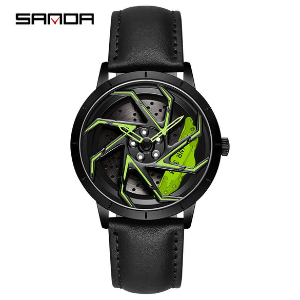 Men's Business Style Alloy Case Steel Band Round Dial Threedimensional Wheel Rotating Waterproof Quartz Watch