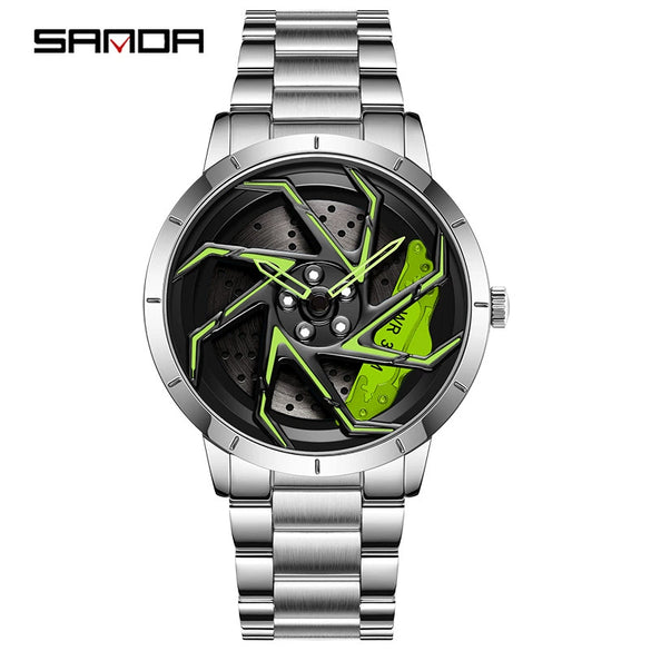 Men's Business Style Alloy Case Steel Band Round Dial Threedimensional Wheel Rotating Waterproof Quartz Watch