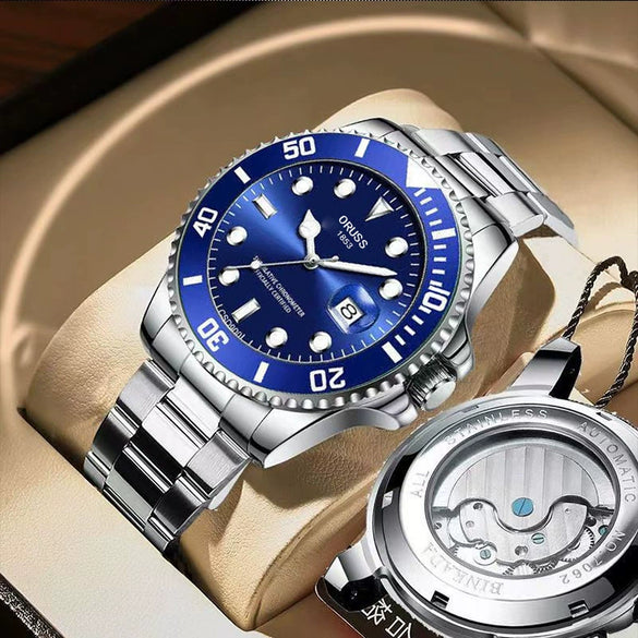 Men's Business Style Automatic Movement Stainless Steel Belt Waterproof Luminous Calendar Round Watch