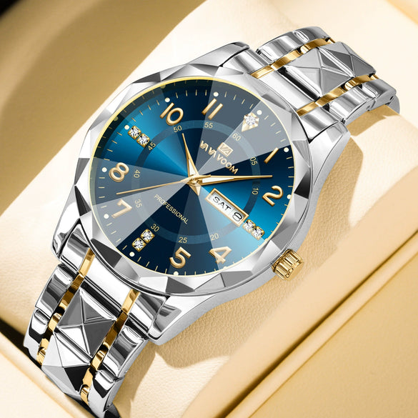 Men's Business Style Metal And Stainless Steel Watch With Round Dial And Cut Diamond Design