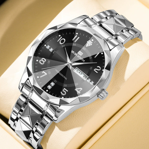 Men's Business Style Metal And Stainless Steel Watch With Round Dial And Cut Diamond Design