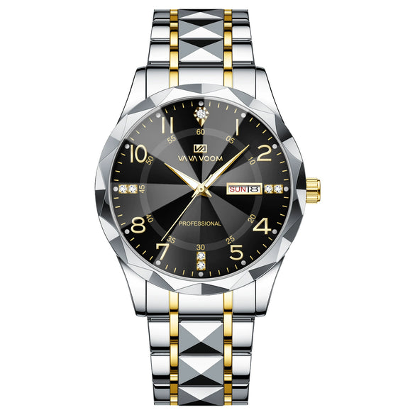 Men's Business Style Metal And Stainless Steel Watch With Round Dial And Cut Diamond Design