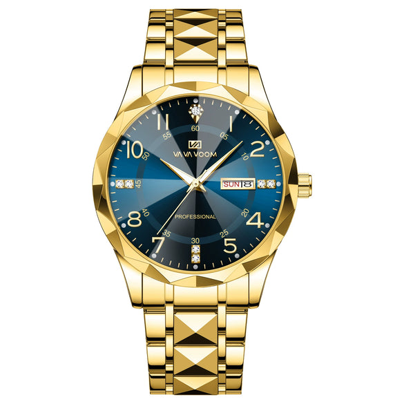 Men's Business Style Metal And Stainless Steel Watch With Round Dial And Cut Diamond Design