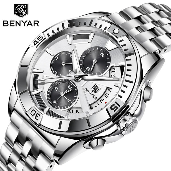Men's Business Style Metal Case Stainless Steel Band Round Dial Quartz Multifunctional Waterproof Luminous Watch