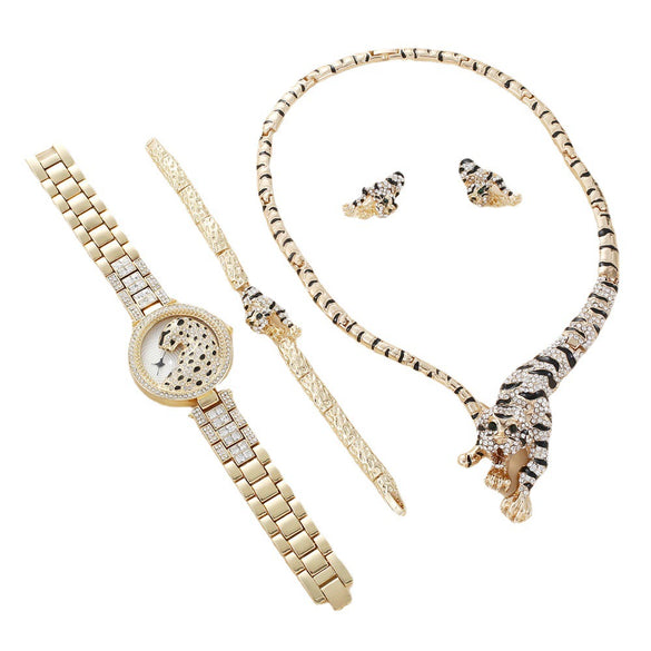 Men's Business Style Metal Case Stainless Steel Band Round Dial Quartz Watch With Animal Design And Diamond Set