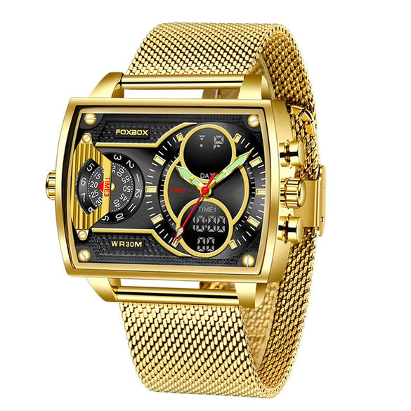 Men's Business Style Quartz Electronic Dual Display Watch Alloy Case Stainless Steel Strap Round Dial Waterproof Luminous