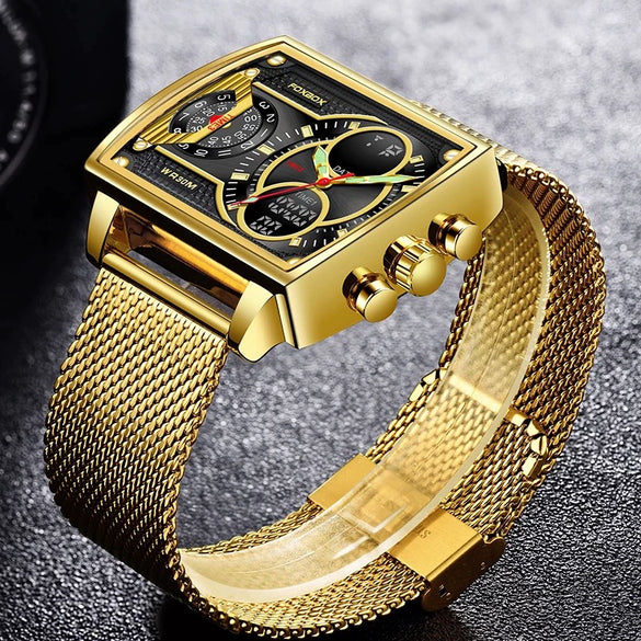 Men's Business Style Quartz Electronic Dual Display Watch Alloy Case Stainless Steel Strap Round Dial Waterproof Luminous