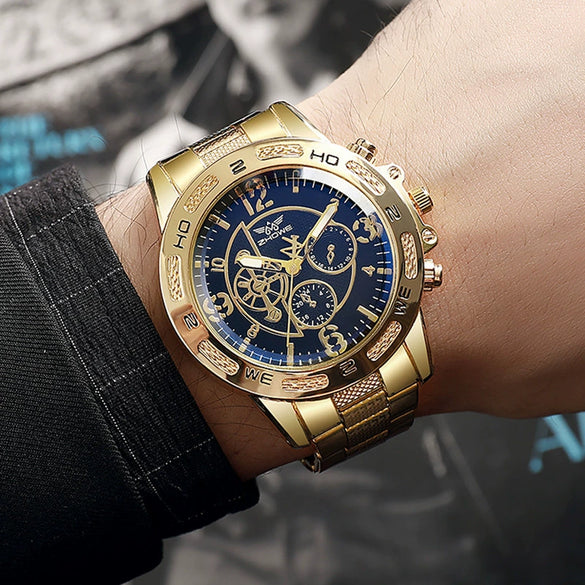 Men's Business Style Quartz Watch With Round Blue Dial Alloy Case And Stainless Steel Band