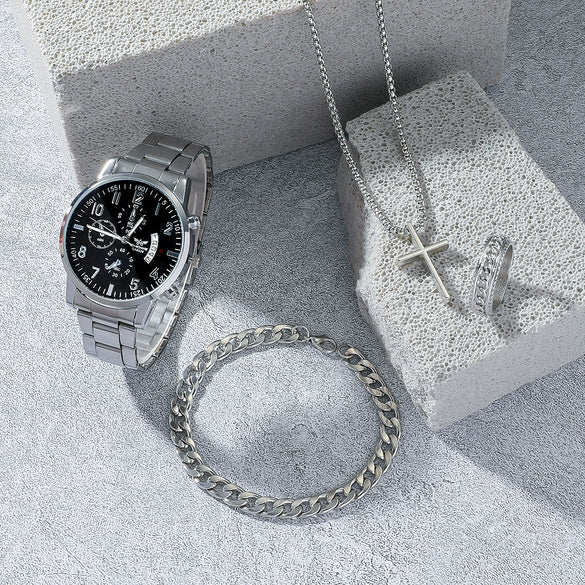Men's Business Style Silver Watch Bracelet Necklace Ring Fourpiece Set With Zinc Alloy Case Stainless Steel Strap And Buckle Round Dial