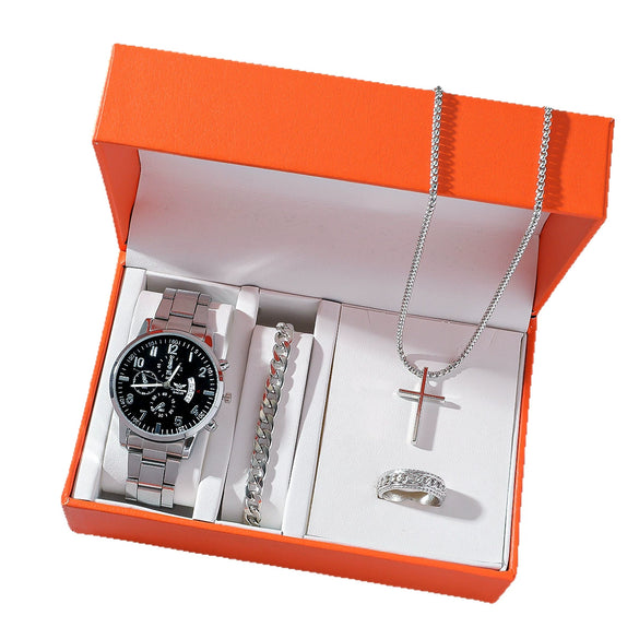 Men's Business Style Silver Watch Bracelet Necklace Ring Fourpiece Set With Zinc Alloy Case Stainless Steel Strap And Buckle Round Dial